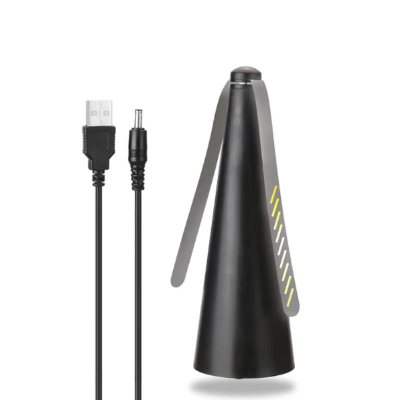 "Battery-operated fly repellent fan with sleek design for alfresco dining, featuring innovative light-bending technology."