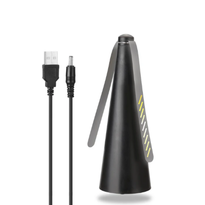 "Battery-operated fly repellent fan with sleek design for alfresco dining, featuring innovative light-bending technology."