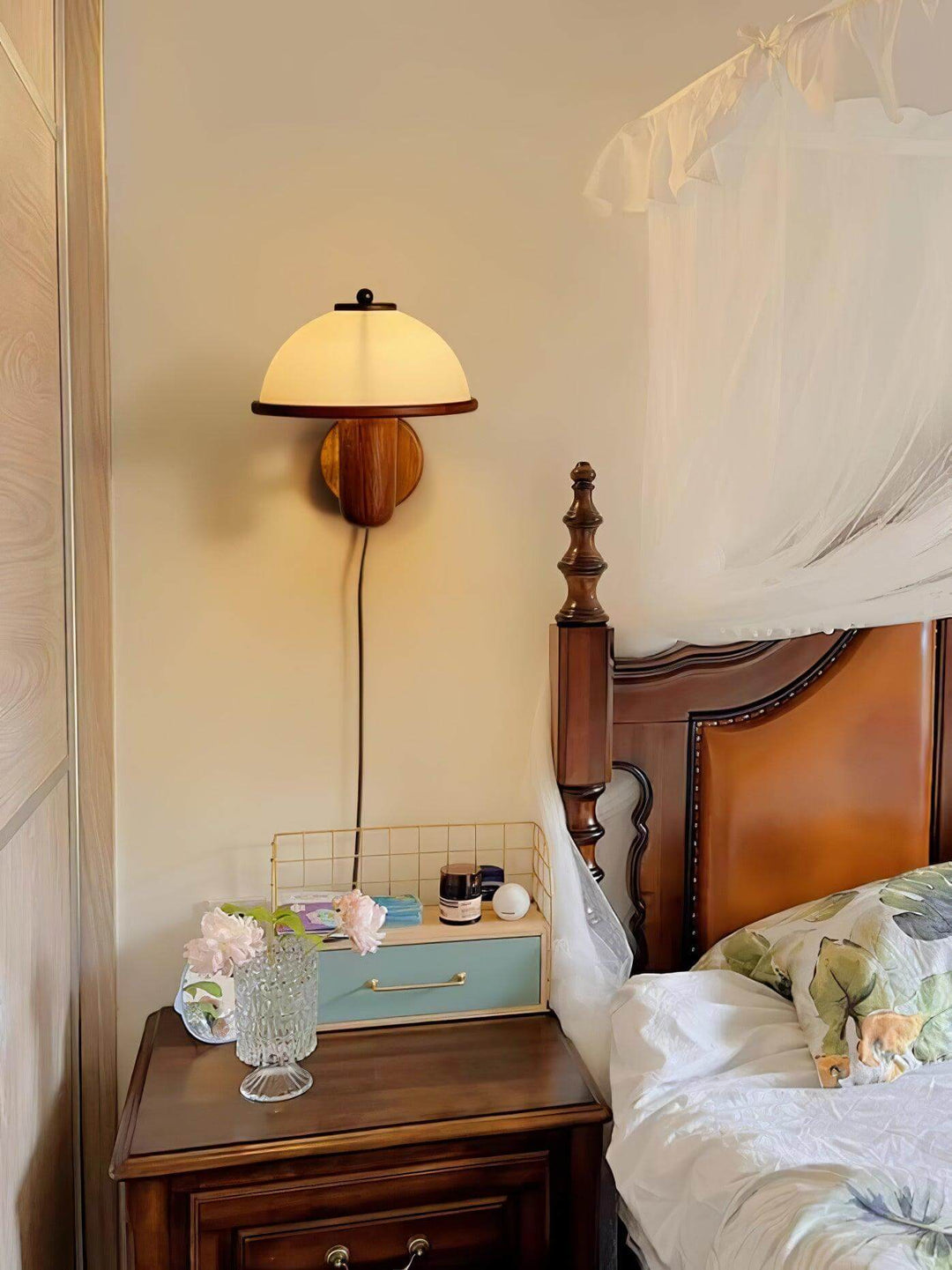 Oak Wood Mushroom Wall Light with White Shade