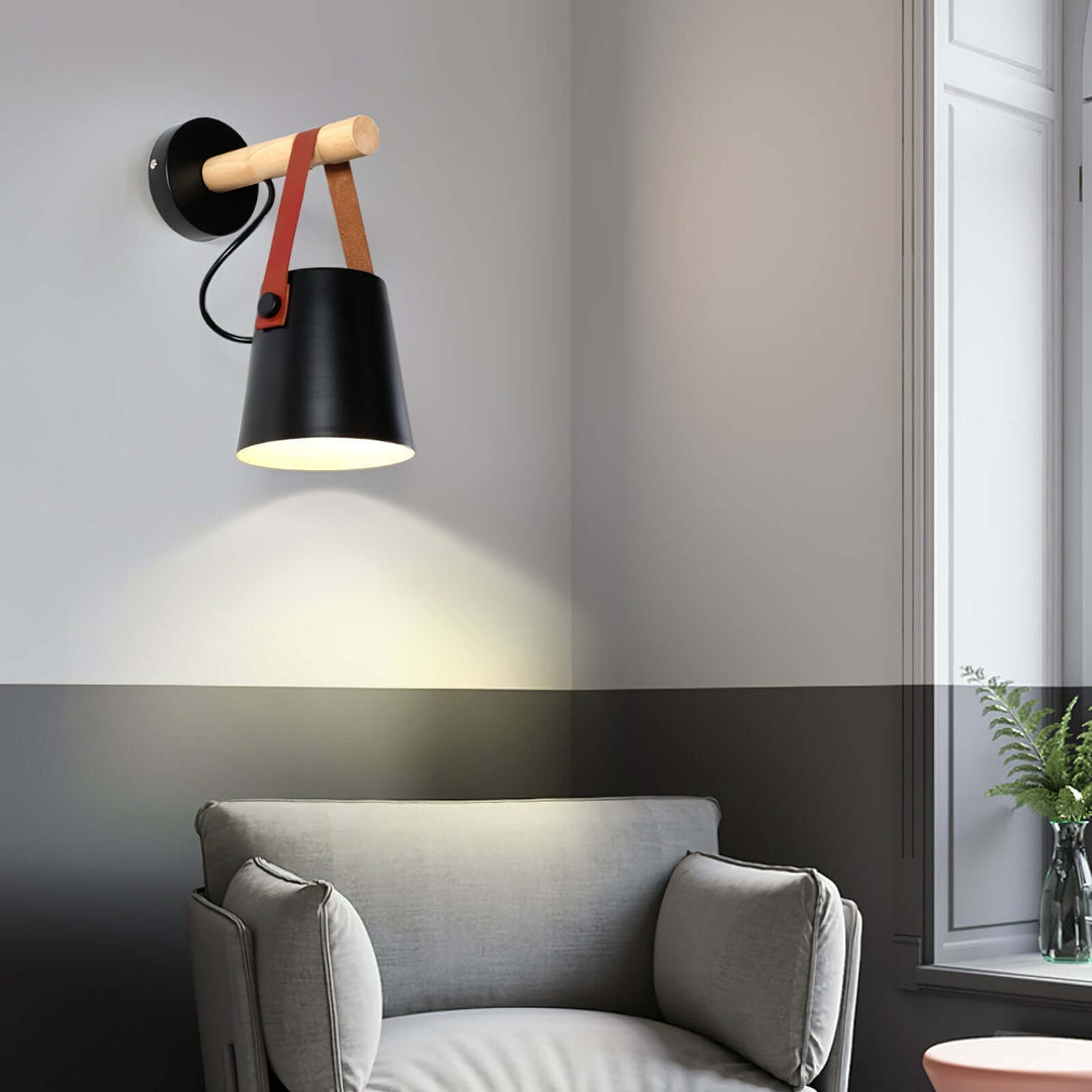Conical Wooden Wall Light with Leather Strap