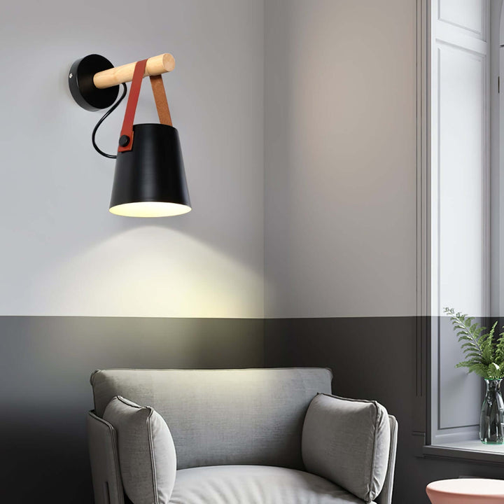 Conical Wooden Wall Light with Leather Strap