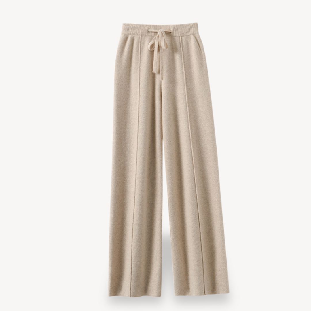 Beige cashmere wide-leg pants for women, offering comfort and style with a relaxed fit and drawstring adjustable waist.