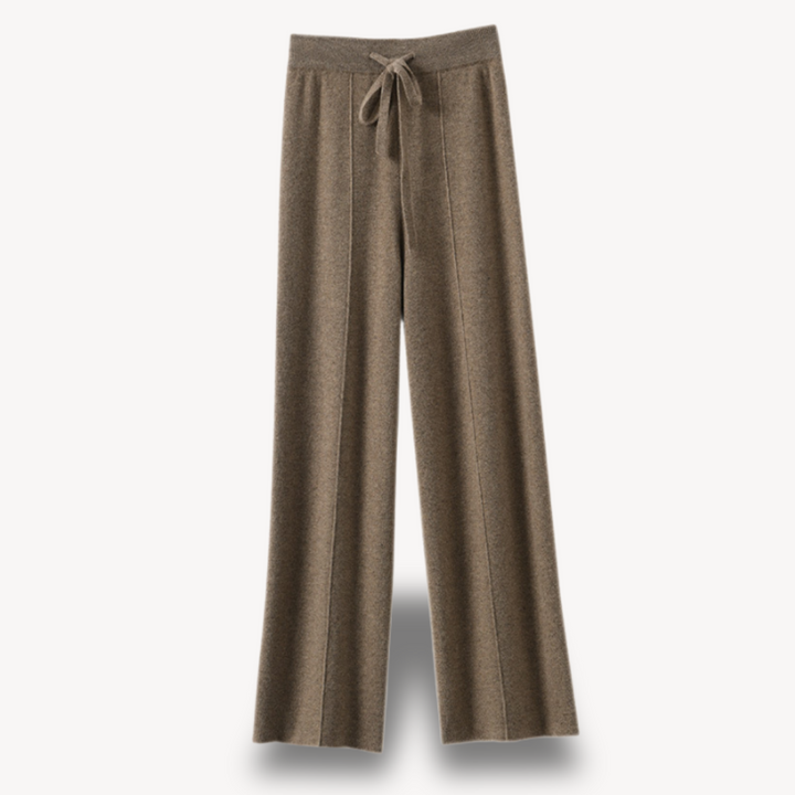 Beige cashmere wide-leg pants for women, offering comfort and style with a relaxed fit and drawstring adjustable waist.