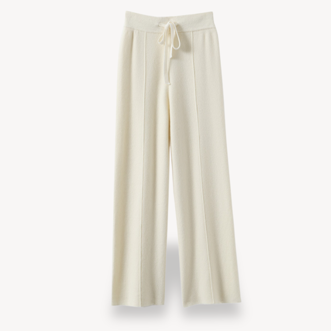 Beige cashmere wide-leg pants for women, offering comfort and style with a relaxed fit and drawstring adjustable waist.