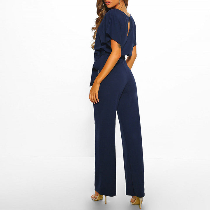 Beige women's elegant wide-leg jumpsuit with short sleeves and self-tie belt, perfect for stylish occasions.
