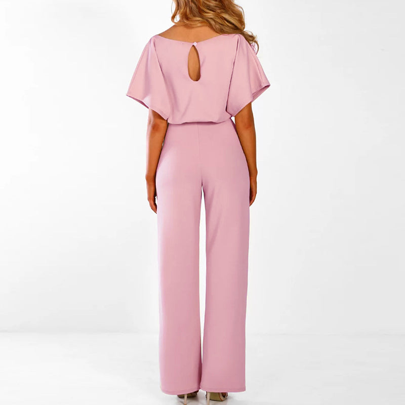 Beige women's elegant wide-leg jumpsuit with short sleeves and self-tie belt, perfect for stylish occasions.