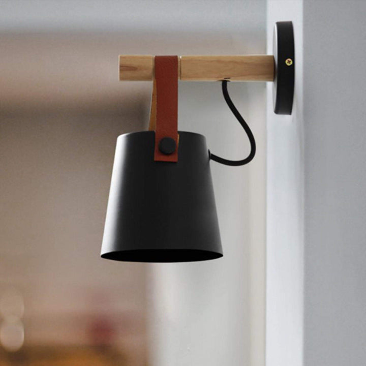 Conical Wooden Wall Light with Leather Strap