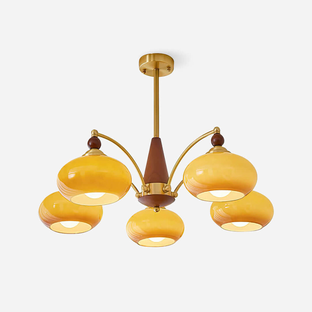 Retro Wood & Brass Chandelier