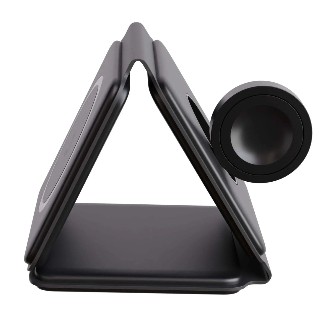 "Black 3-in-1 foldable wireless charger for iPhone, Apple Watch, AirPods; compact, sleek design for easy portability."