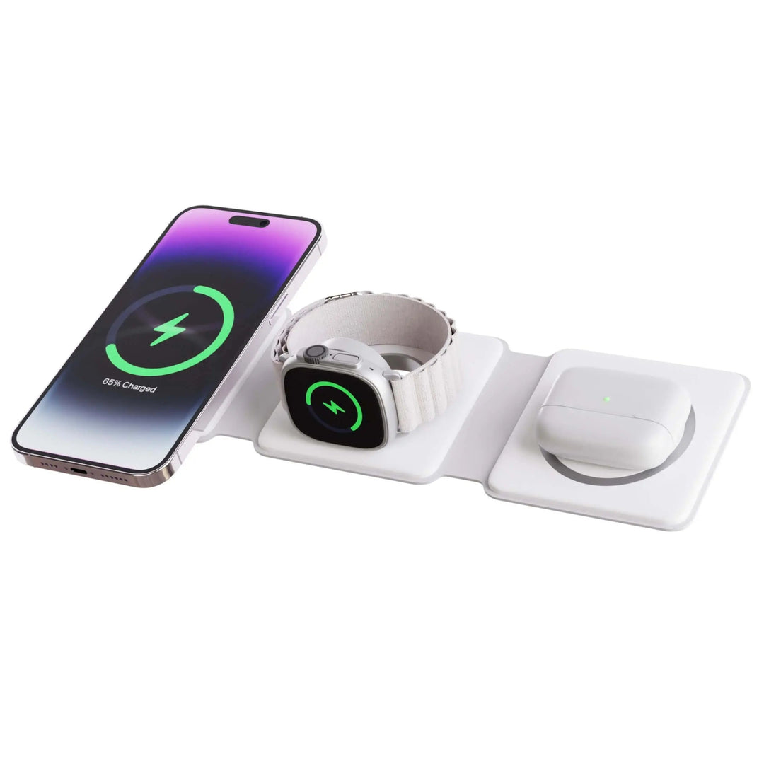 "Black 3-in-1 foldable wireless charger for iPhone, Apple Watch, AirPods; compact, sleek design for easy portability."