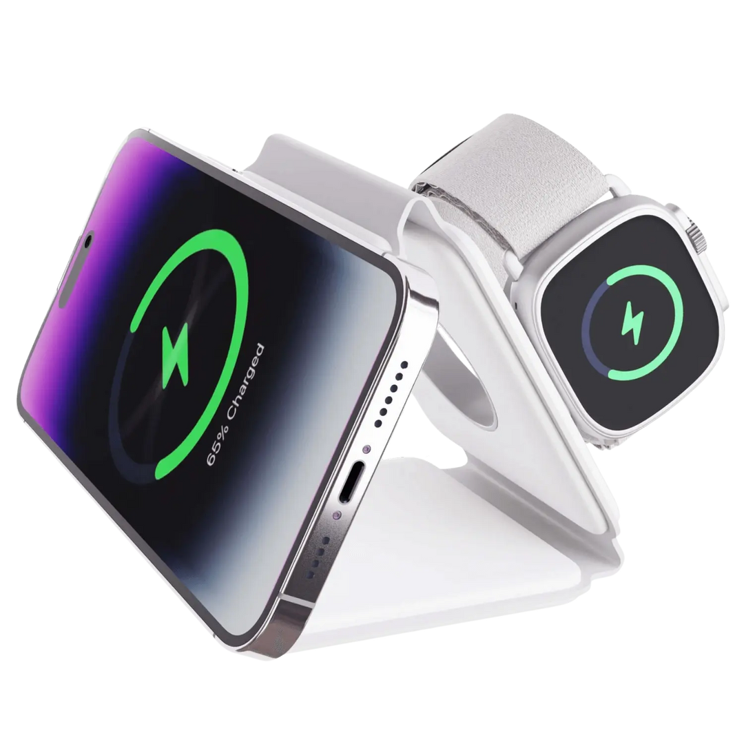 "Black 3-in-1 foldable wireless charger for iPhone, Apple Watch, AirPods; compact, sleek design for easy portability."