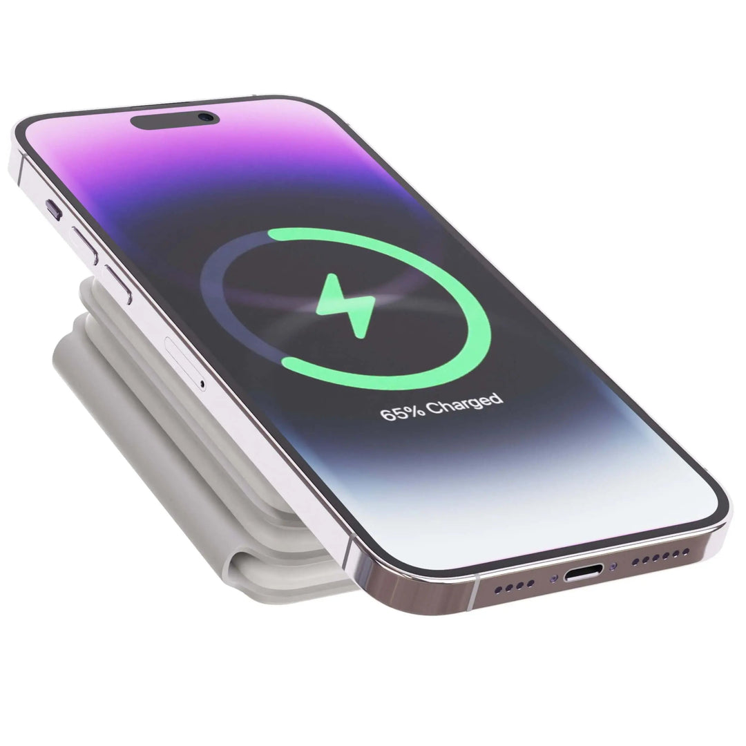 "Black 3-in-1 foldable wireless charger for iPhone, Apple Watch, AirPods; compact, sleek design for easy portability."