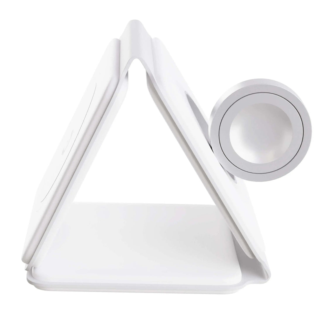 "Black 3-in-1 foldable wireless charger for iPhone, Apple Watch, AirPods; compact, sleek design for easy portability."