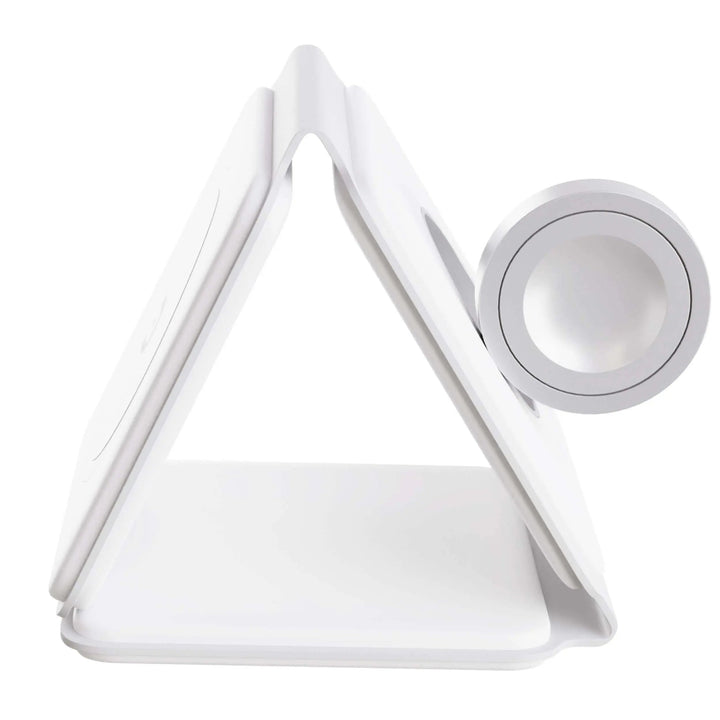 "Black 3-in-1 foldable wireless charger for iPhone, Apple Watch, AirPods; compact, sleek design for easy portability."