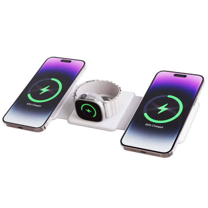 "Black 3-in-1 foldable wireless charger for iPhone, Apple Watch, AirPods; compact, sleek design for easy portability."