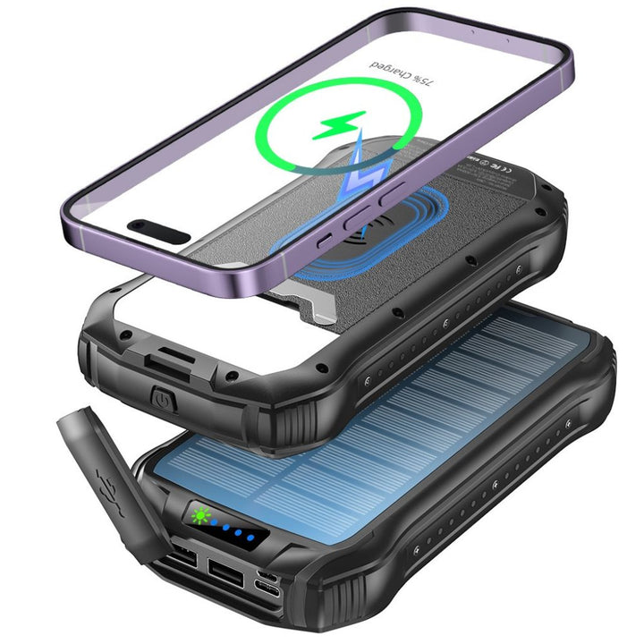 "Black and orange portable solar power bank for outdoor use, showcasing sleek design and multiple charging ports."