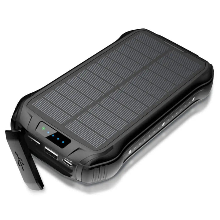 "Black and orange portable solar power bank for outdoor use, showcasing sleek design and multiple charging ports."