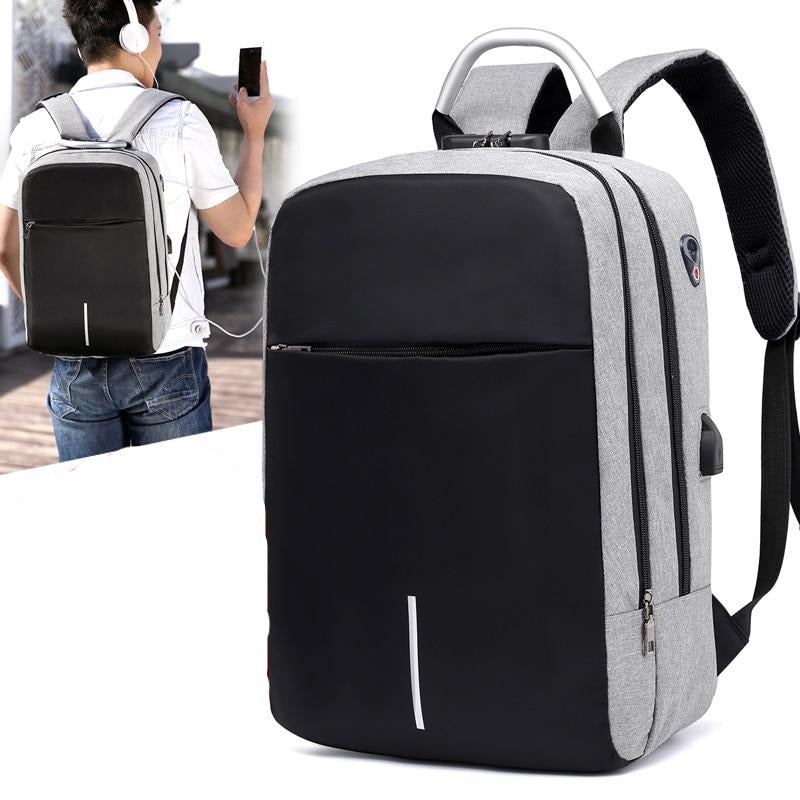 Black anti-theft laptop backpack with hidden zippers & external USB charging port for secure everyday carry.