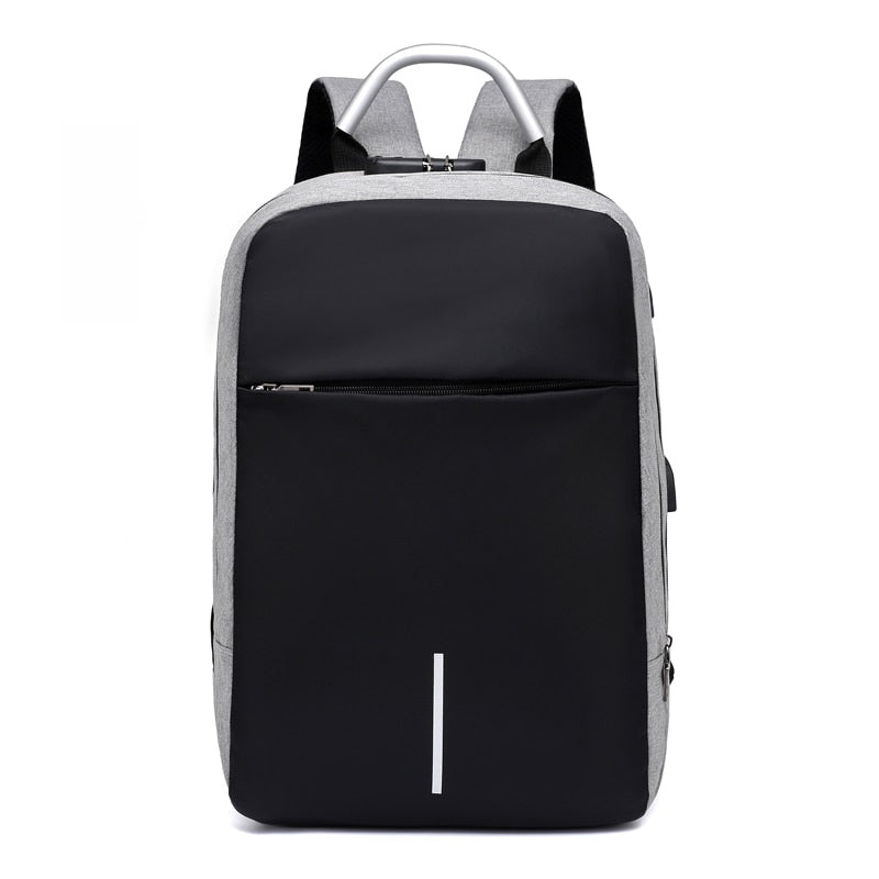 Black anti-theft laptop bag open, revealing organized compartments for devices, books & travel accessories.