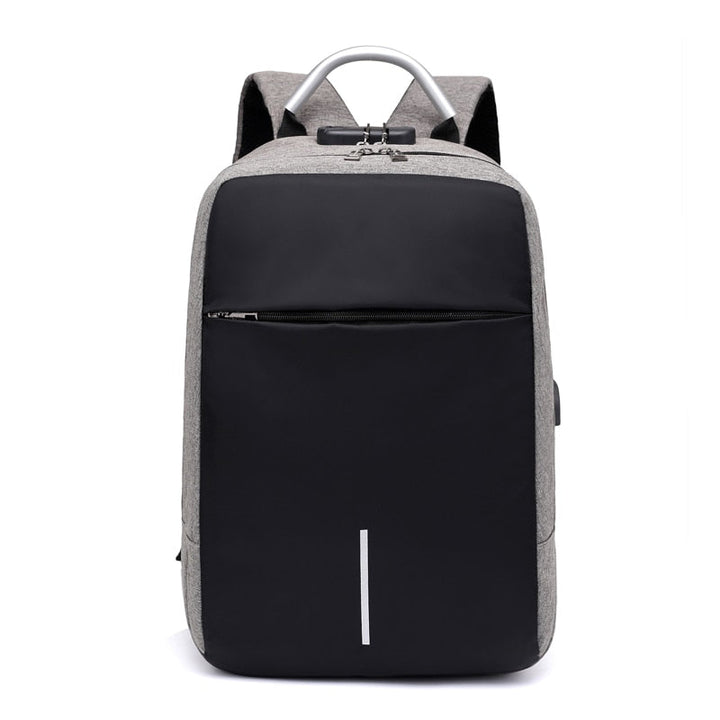 Water-resistant anti-theft laptop backpack, grey, featuring sleek design and USB charging for modern users.