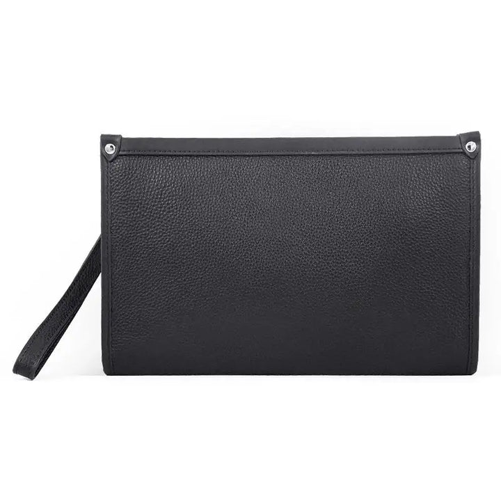 Black genuine leather men's business clutch with advanced fingerprint lock for secure document and cash.