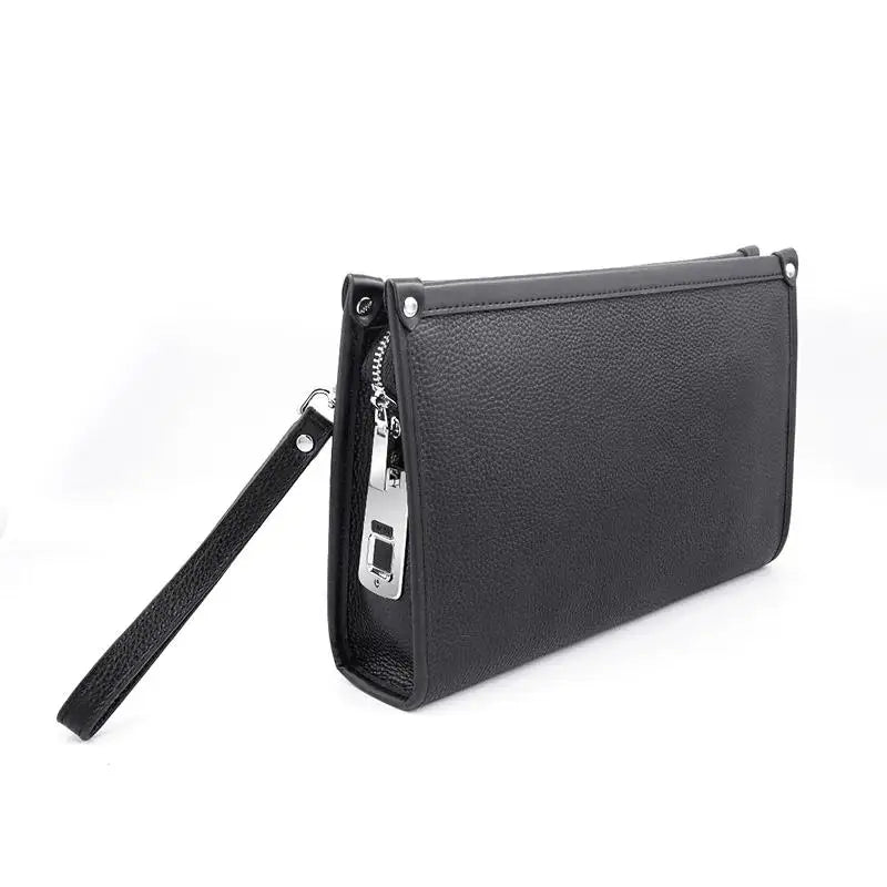 Stylish black genuine leather men's executive business clutch with sleek design and secure fingerprint lock.