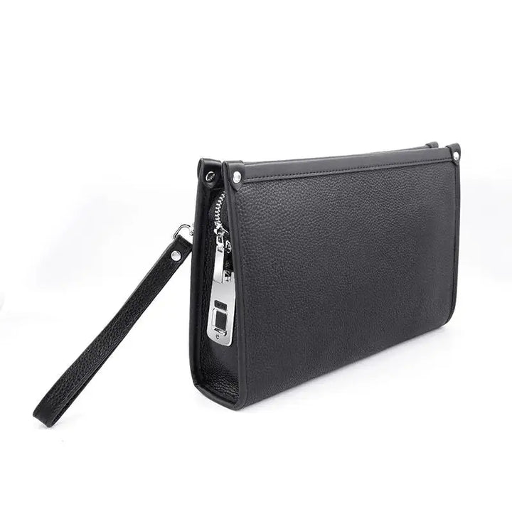 Stylish black genuine leather men's executive business clutch with sleek design and secure fingerprint lock.
