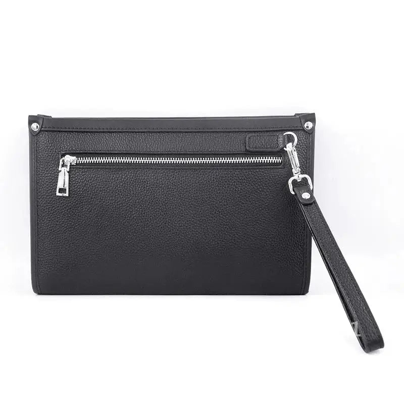 Professional men's black genuine leather business clutch bag with an integrated fingerprint security lock for valuables.