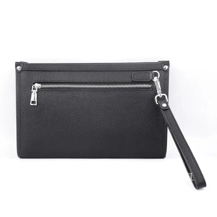Professional men's black genuine leather business clutch bag with an integrated fingerprint security lock for valuables.