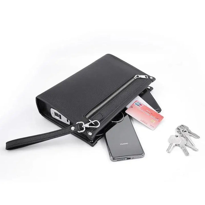 Luxurious black genuine leather men's clutch with sophisticated fingerprint lock, perfect for executive business and travel.