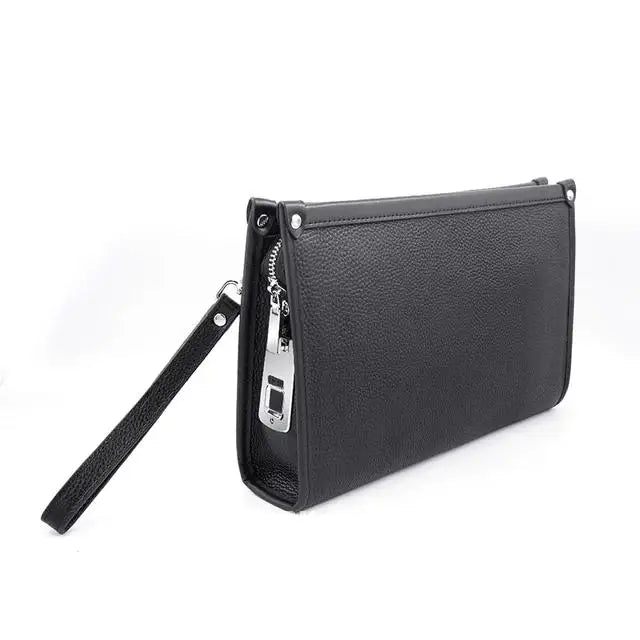 Men's black leather business clutch bag, featuring a convenient fingerprint lock to keep essentials secure and organized.