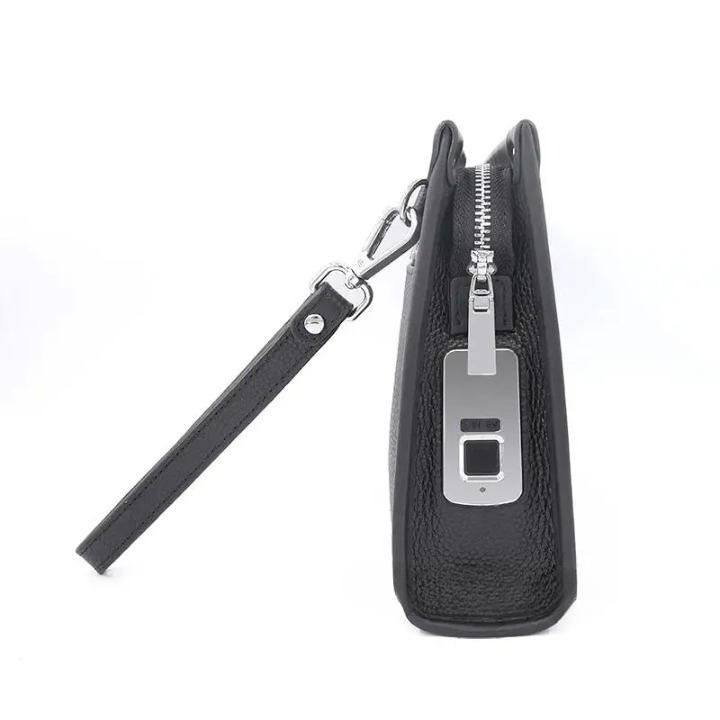 Modern black genuine leather men's clutch with cutting-edge fingerprint lock technology, ideal for secure business & travel.