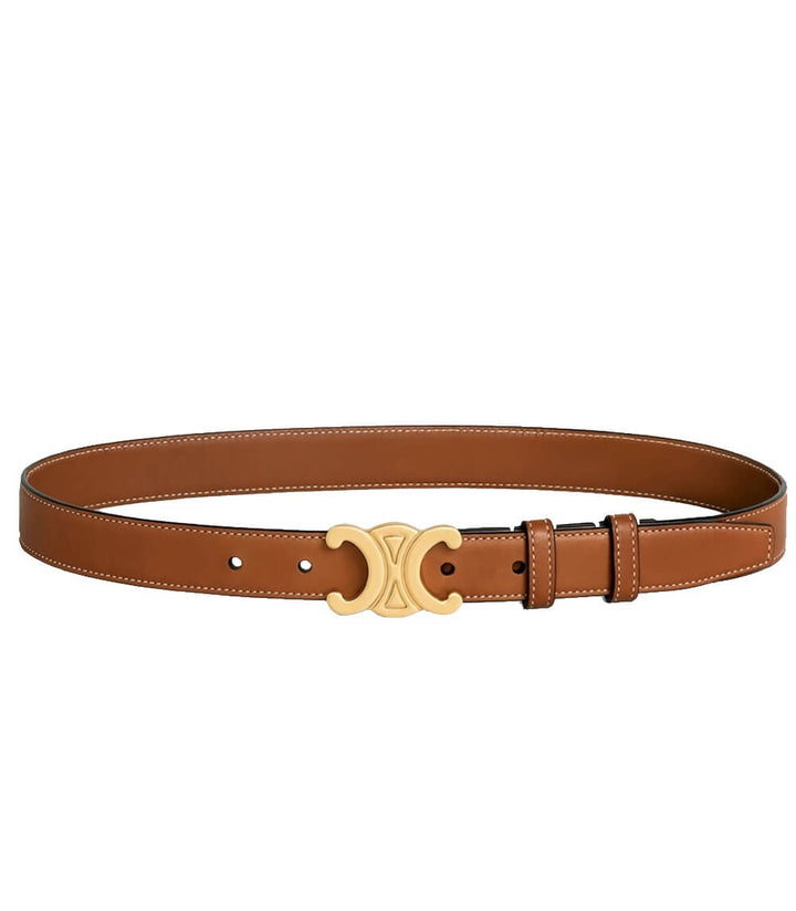 Black leather women's belt with a gold buckle, elegant and versatile for both casual and formal outfits, shown in detail.