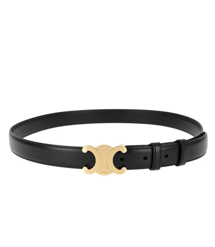Black leather women's belt with a gold buckle, elegant and versatile for both casual and formal outfits, shown in detail.