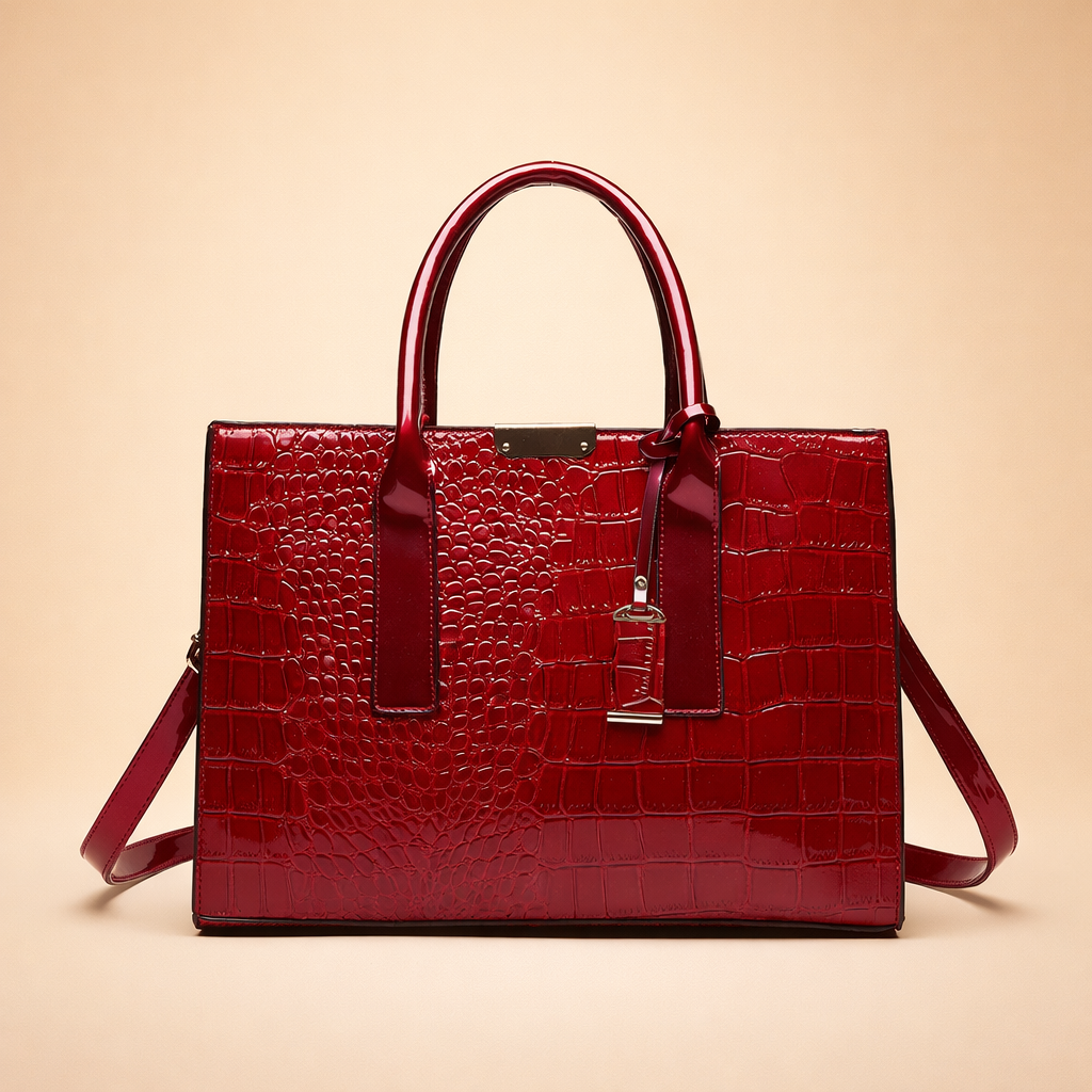 Black sophisticated women's tote bag with structured design & crocodile pattern. Luxury fashion accessory for work or daily carry.