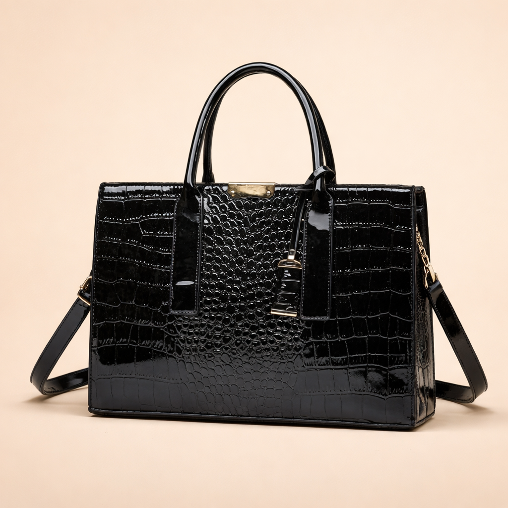 Brown crocodile pattern women's tote bag. A sophisticated luxury handbag, perfect fashion accessory & daily carryall.