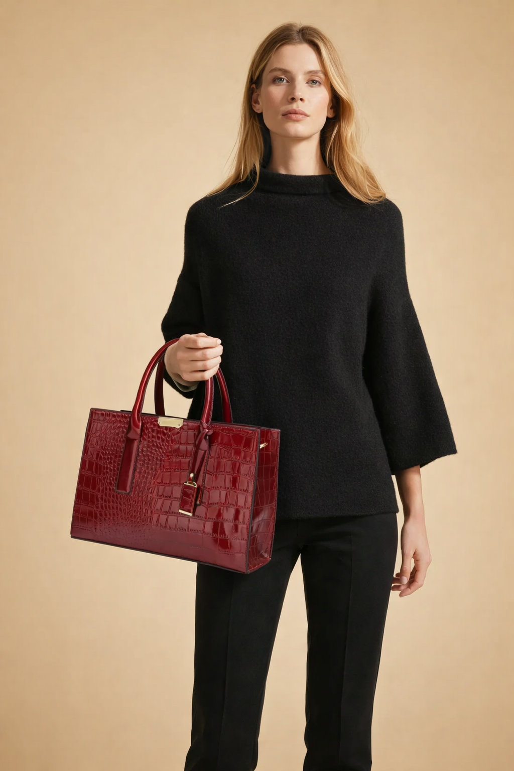 Luxury women's structured tote bag. Elegant crocodile pattern fashion accessory, ideal work bag & daily carryall.