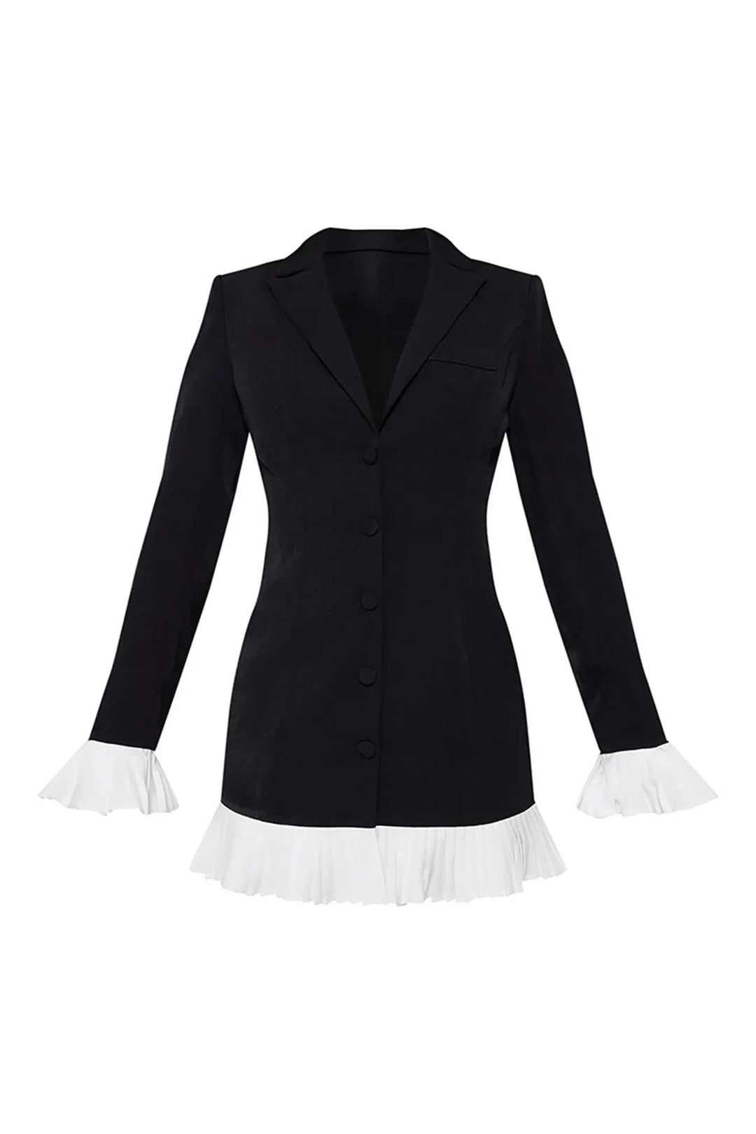 Tailored women's mini dress featuring a chic V-neck, delicate pleats, and a stylish button front. Black, elegant.
