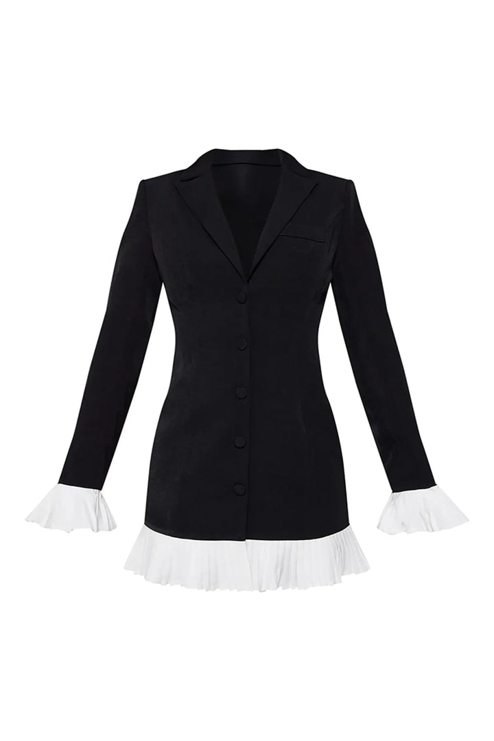 Tailored women's mini dress featuring a chic V-neck, delicate pleats, and a stylish button front. Black, elegant.