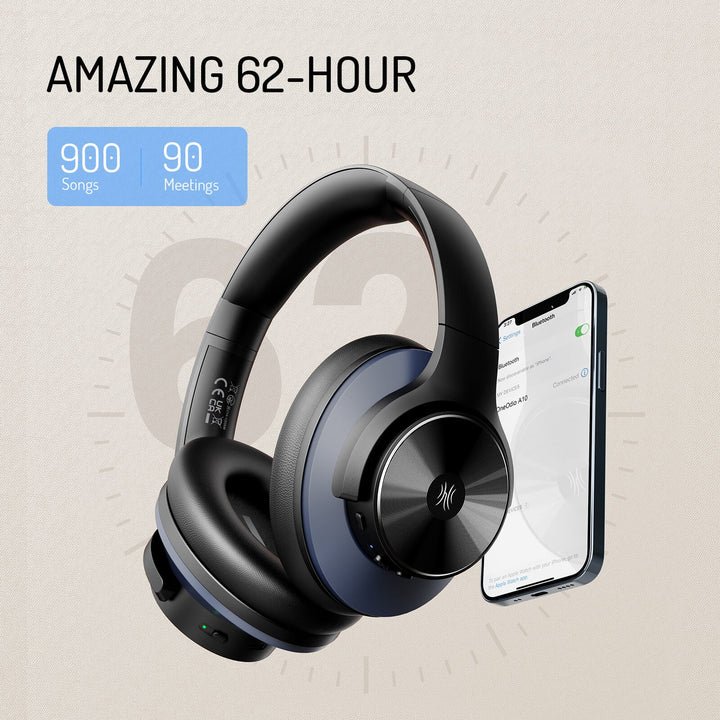 Black wireless over-ear headphones with Bluetooth and hybrid active noise cancellation, featuring memory foam earcups and USB