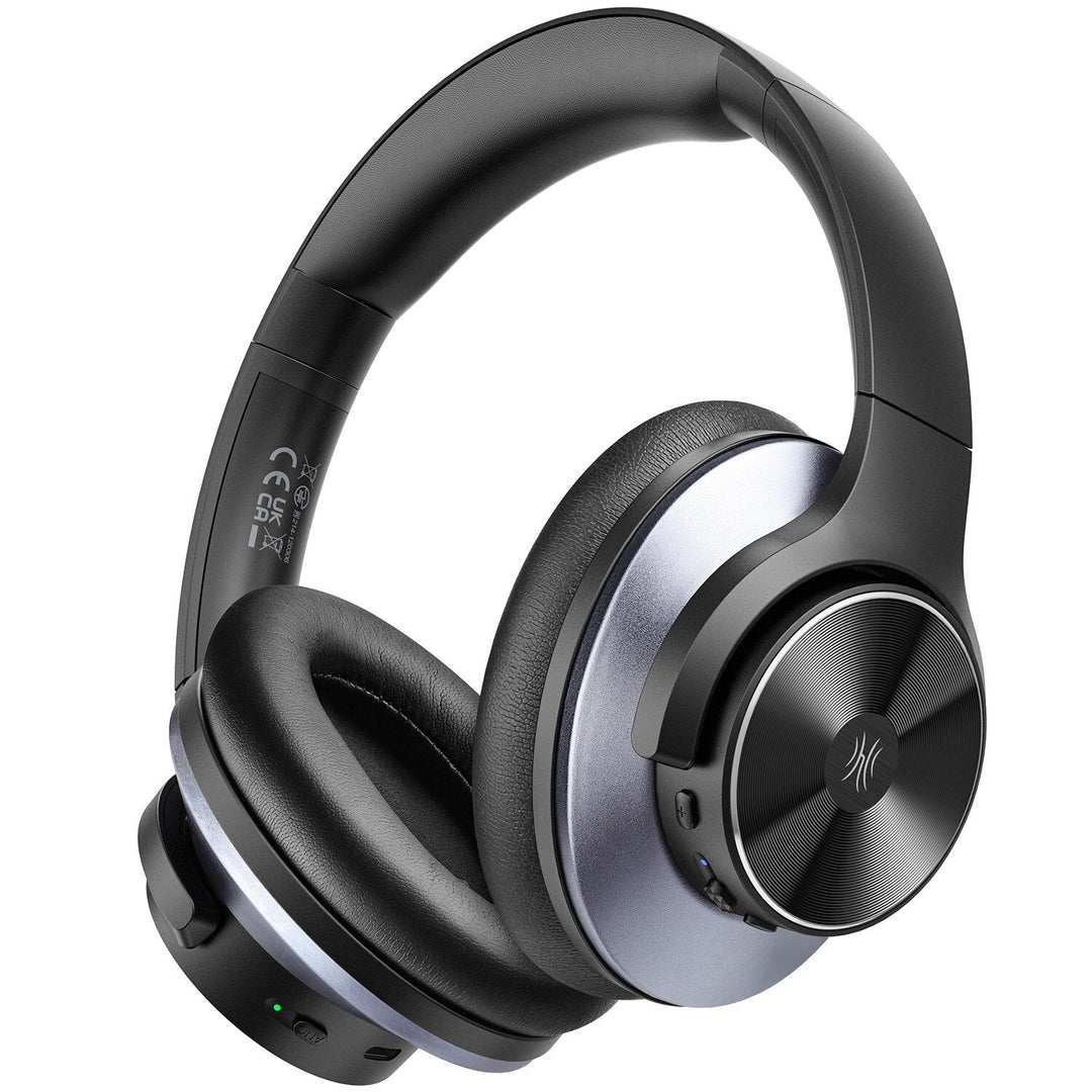 Black wireless over-ear headphones with Bluetooth and hybrid active noise cancellation, featuring memory foam earcups and USB