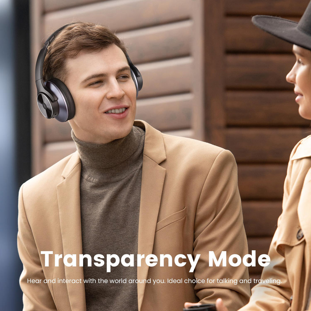 Black wireless over-ear headphones with Bluetooth and hybrid active noise cancellation, featuring memory foam earcups and USB