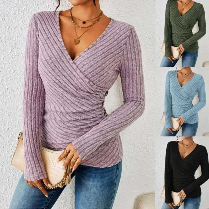 Blue women's long sleeve shaping wear top with tummy tucking, ensuring a flattering, comfortable fit.