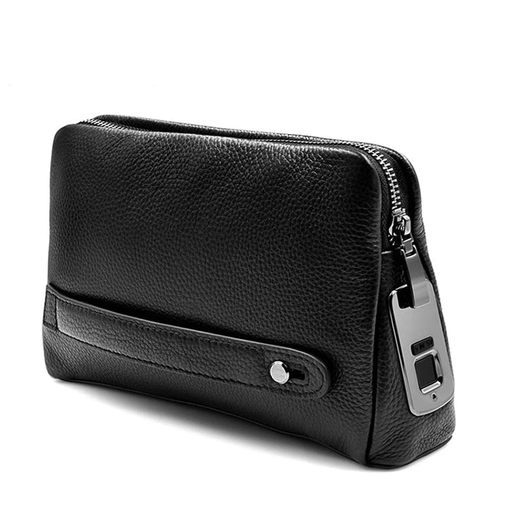 Blackish-blue men's leather anti-theft messenger bag with biometric fingerprint lock for secure travel.