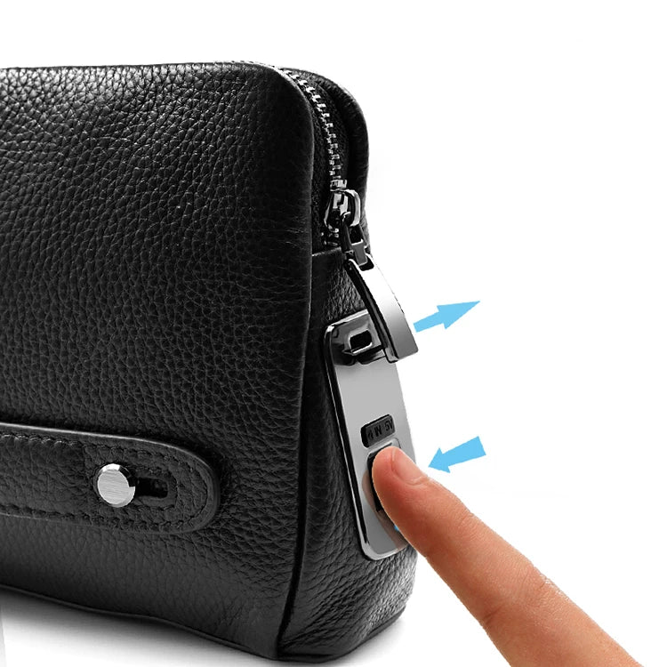Luxury blackish-blue leather men's clutch featuring an advanced anti-theft fingerprint lock system.