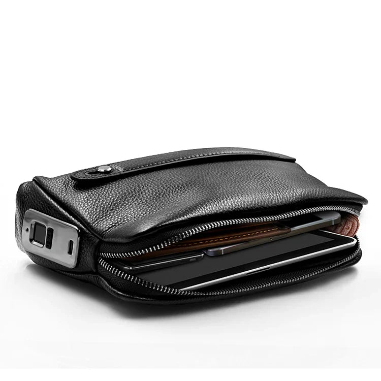 Stylish men's blackish-blue leather crossbody bag with integrated fingerprint security for daily use.