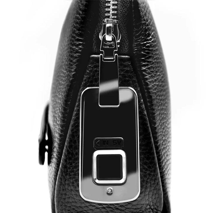 Dark blue leather anti-theft men's travel pouch, secured by a cutting-edge fingerprint lock.