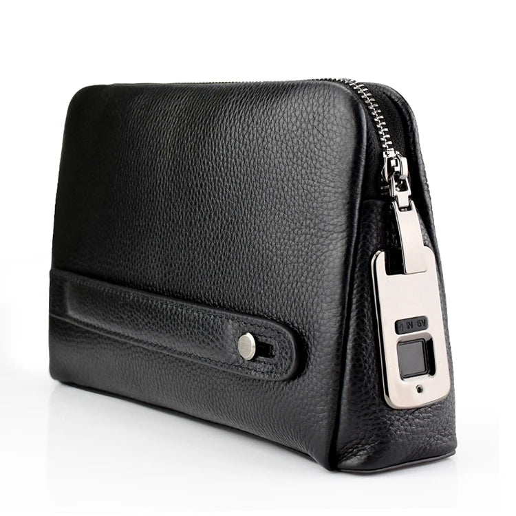 Blackish-blue men's leather clutch, a secure anti-theft accessory with biometric fingerprint lock.