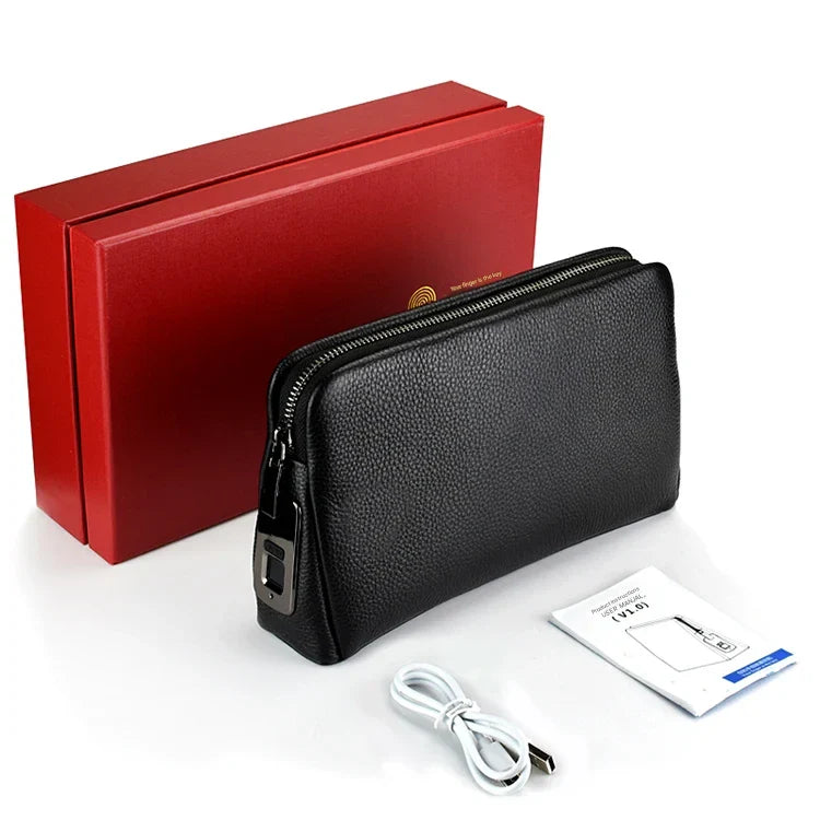 Premium blackish-blue men's leather messenger bag, anti-theft with fingerprint lock, ideal for travel.