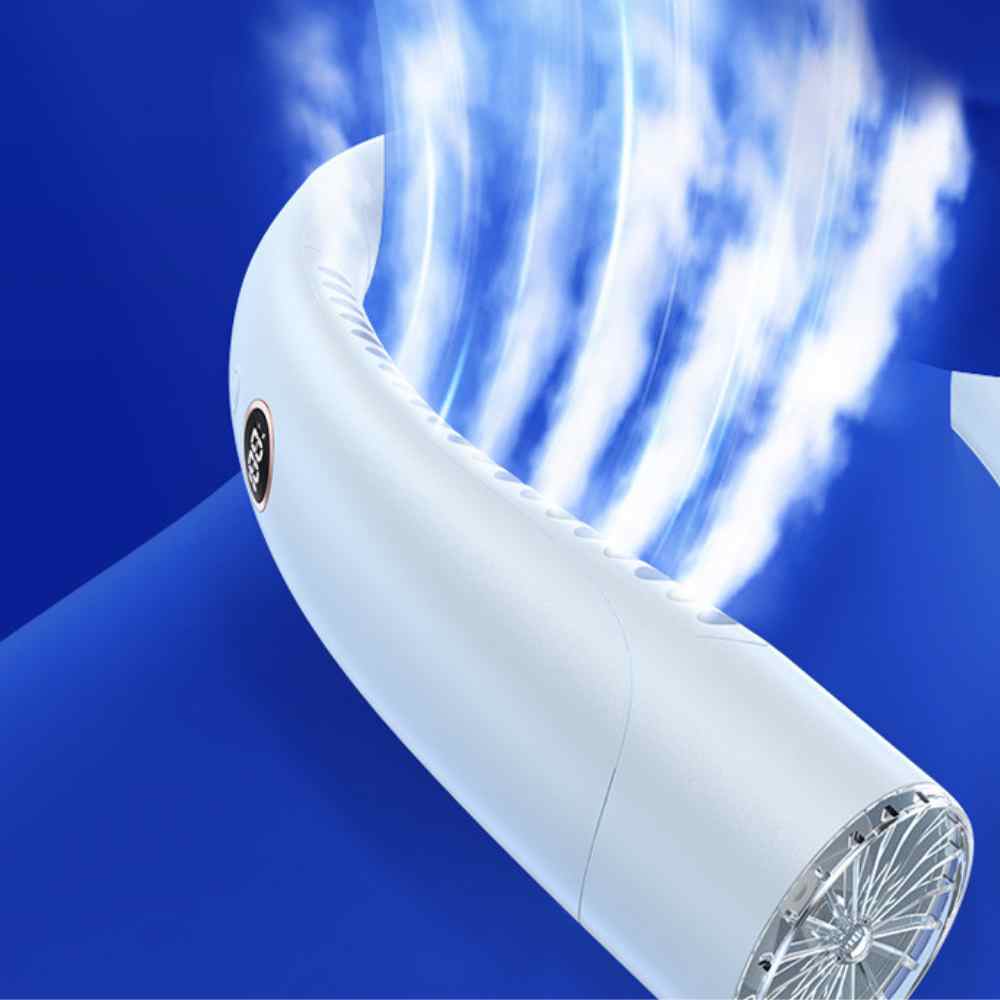 Bladeless portable neck fan, light blue and white, hands-free silent cooling with sleek design and built-in lights.